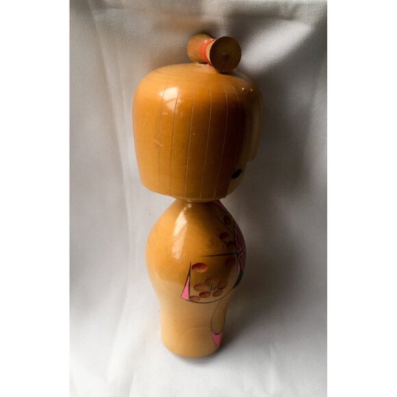 Japanese Kokeshi Doll With Hair Bow Kimono Pink Carved Dots 10.5 “ - Picture 5 of 8